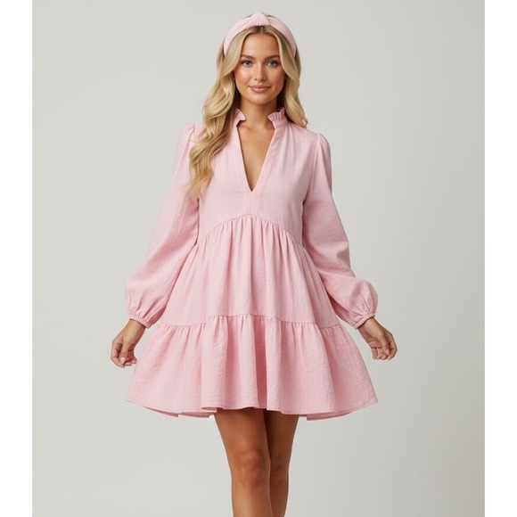 SHEIN Dresses & Skirts - Pink Tiered Babydoll Mini Dress Size Medium Cottagecore Ruffle Neck Long Sleeve